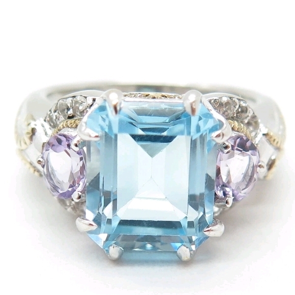 GLORIOUS Rare Victoria Wieck Swiss Blue Topaz And Amethyst Ring - Picture 1 of 8